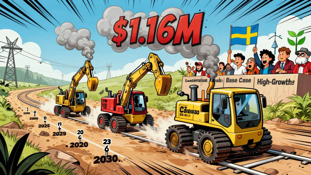 Three mining rigs racing toward 2030 milestones, with the fastest one shaped like a dollar sign.