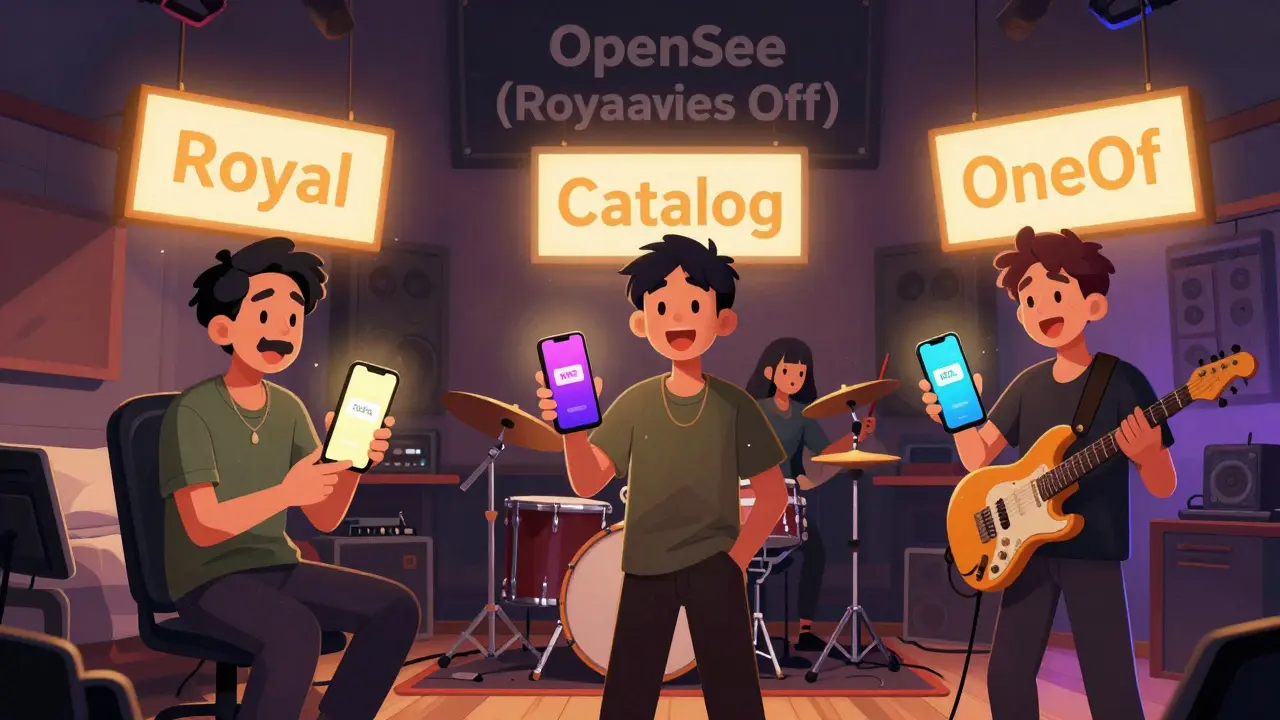 Three musicians receive NFT royalty notifications, while unfair marketplaces fade in the background.