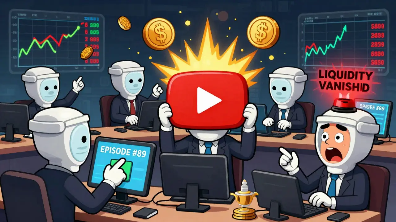 Traders panic as SKBDI prices spike after a YouTube episode drop, cartoon style.