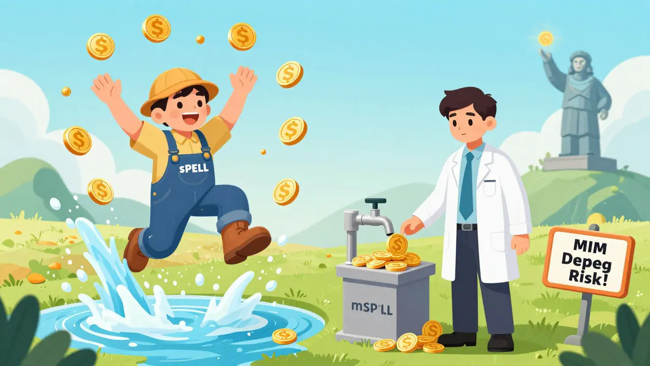 Two users staking SPELL—one joyful in a yield waterfall, one calm collecting MIM coins—with warning signs nearby.