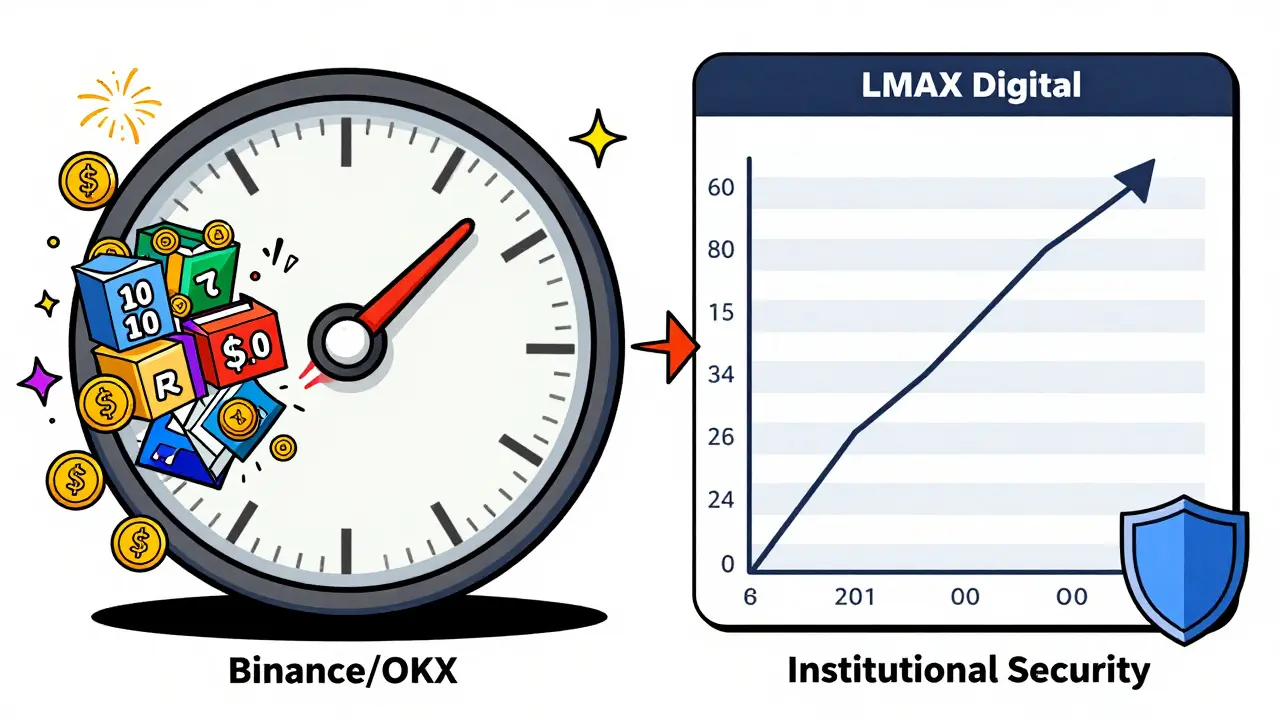 A cartoon comparison between chaotic retail crypto exchanges and the calm, precise LMAX Digital platform with institutional security features.