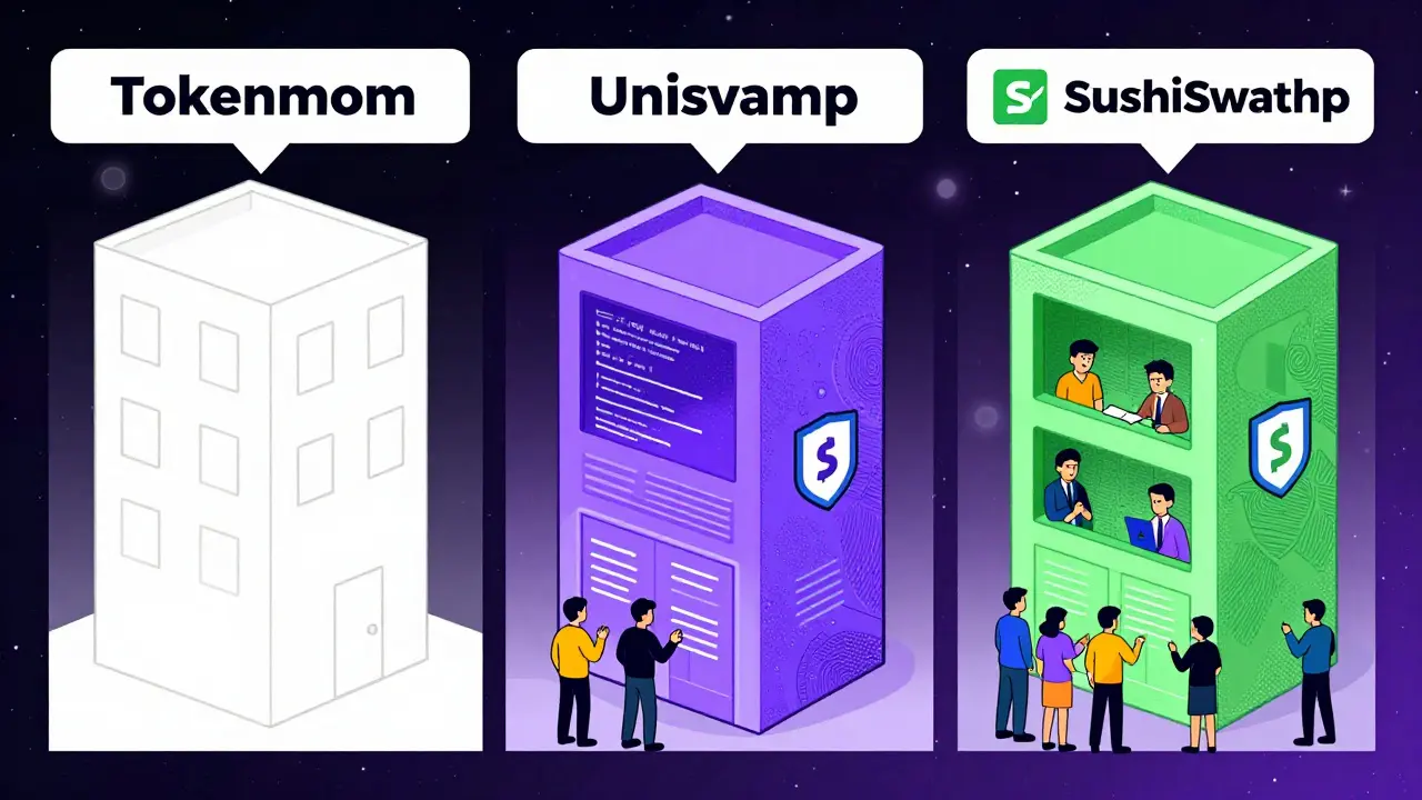 A cartoon comparison: Tokenmom is a blank building, while Uniswap and SushiSwap are open, active, and audited.