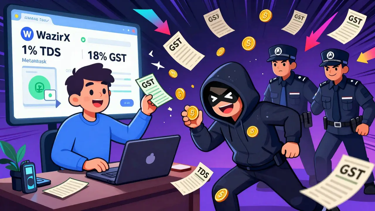 A comic-style scene showing regulated crypto exchanges deducting taxes while decentralized trades sneak past inspectors.