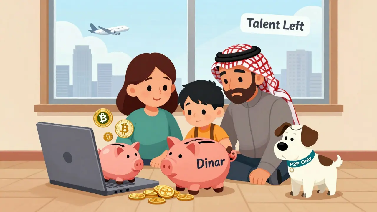A family watching crypto wallets on a laptop as their dinar savings leak away, with airplanes symbolizing brain drain.