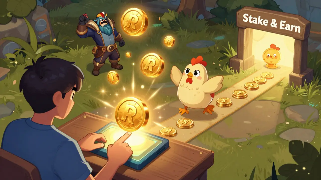 A gamer connects their wallet to a blockchain platform as RAIN tokens multiply from gameplay.