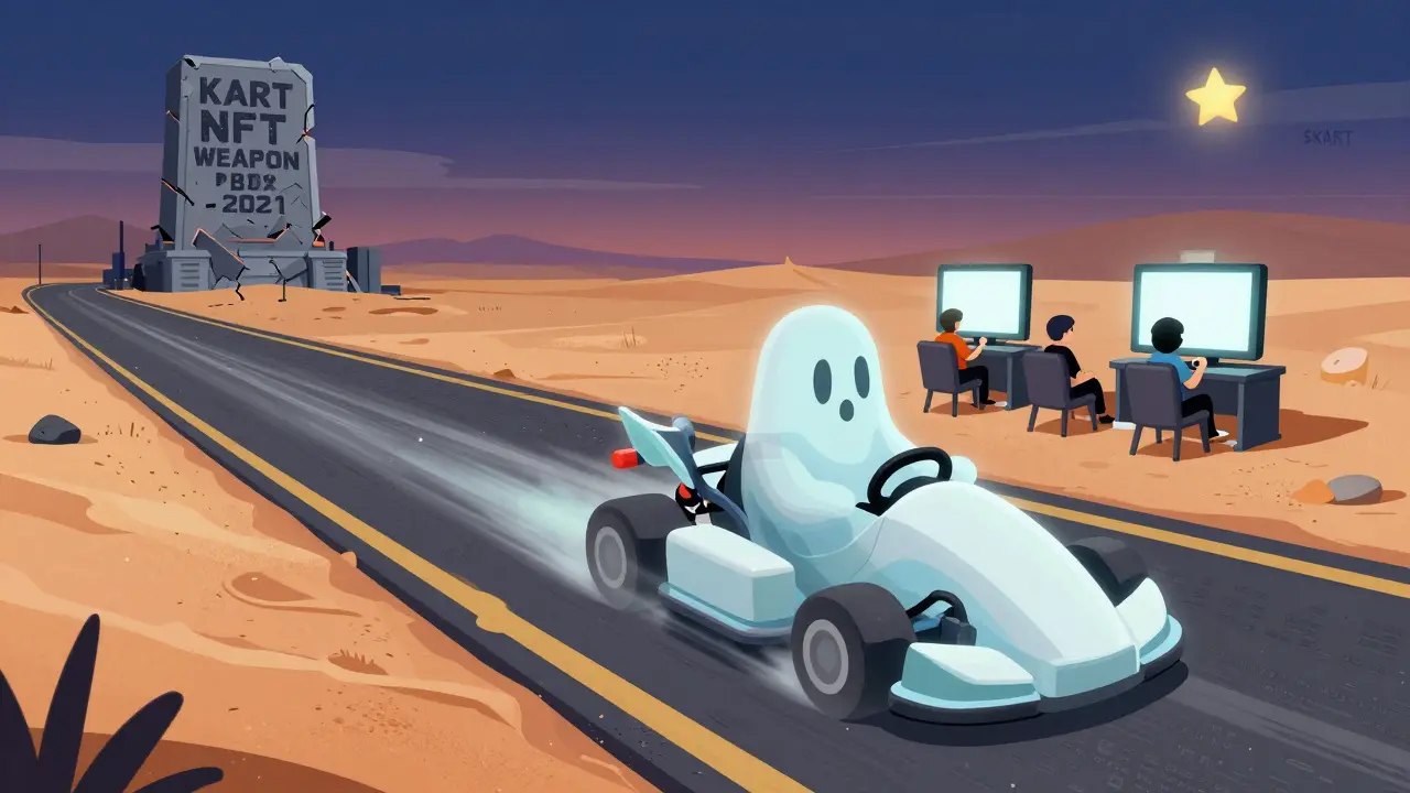 A ghostly race car speeds away on blockchain sand, leaving behind a crumbling monument to a vanished NFT weapon box.
