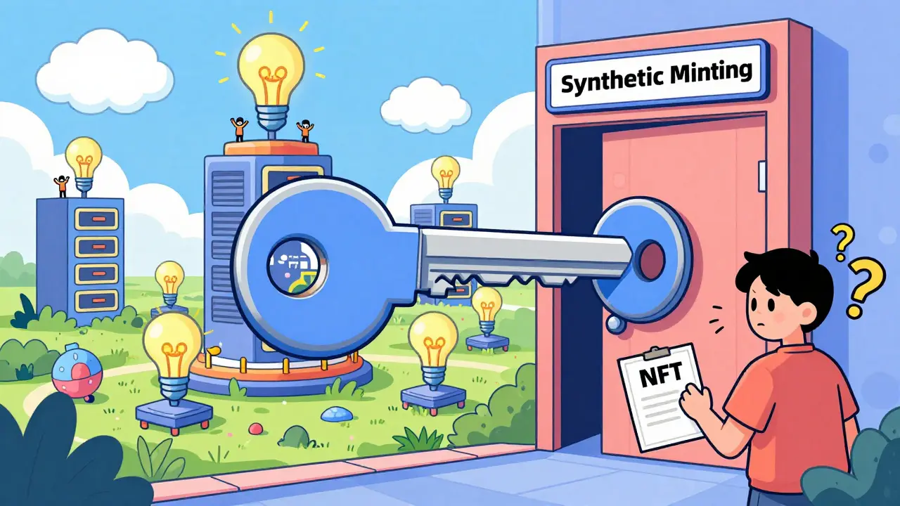 A giant NFT key unlocks a door to a mining landscape made of lightbulbs and thought bubbles, with a person holding the key.