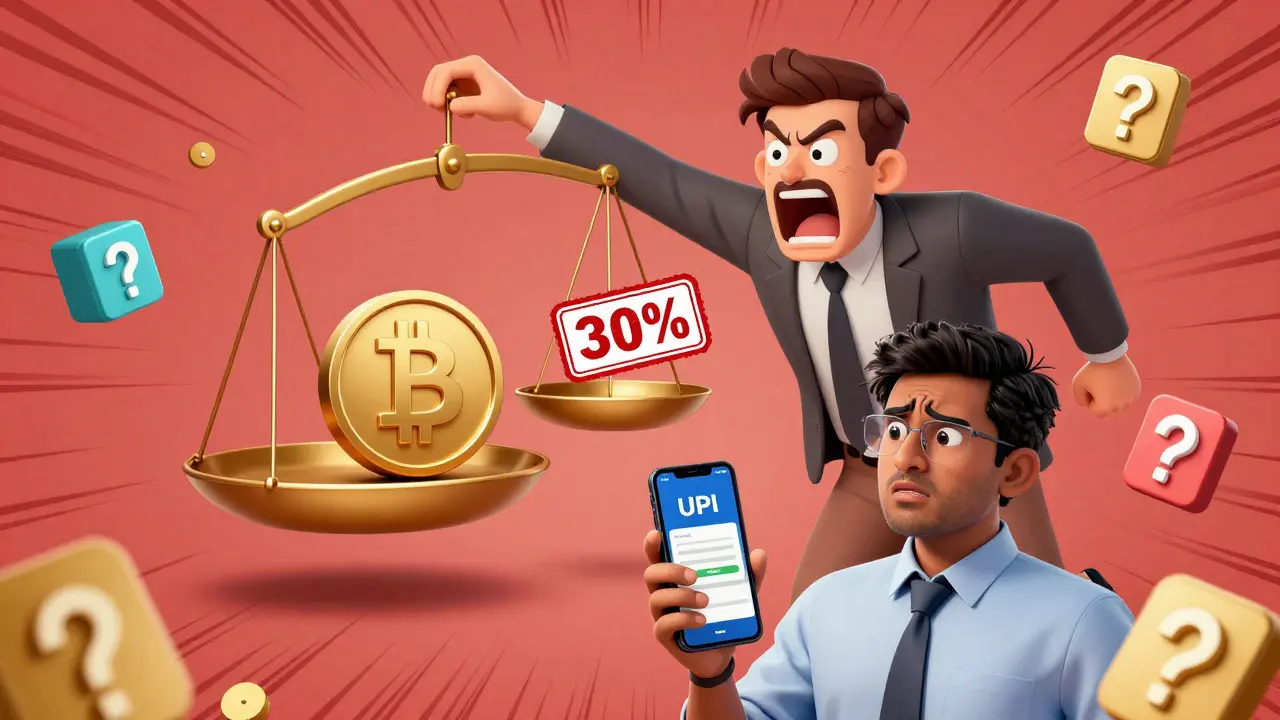 A justice scale balances Bitcoin against a 30% tax stamp, with a confused trader nearby.