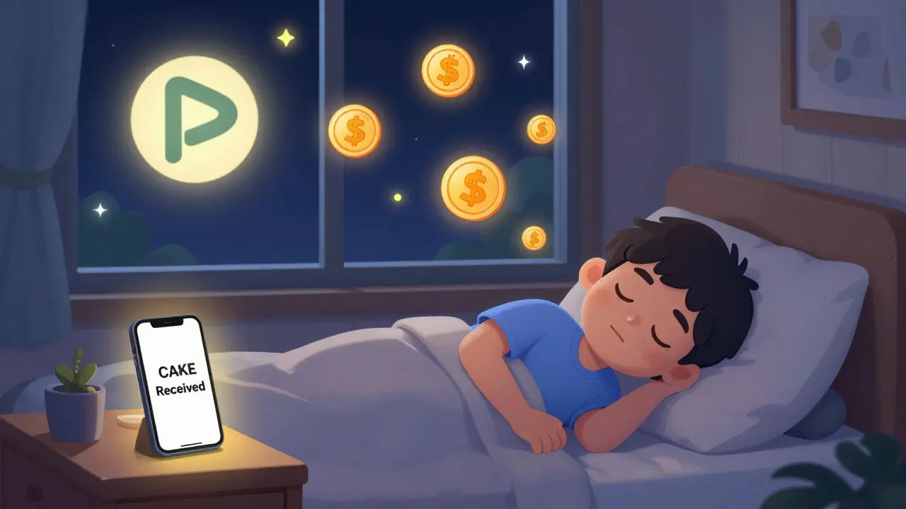 A person sleeping peacefully as CAKE tokens appear in their wallet without any interaction.