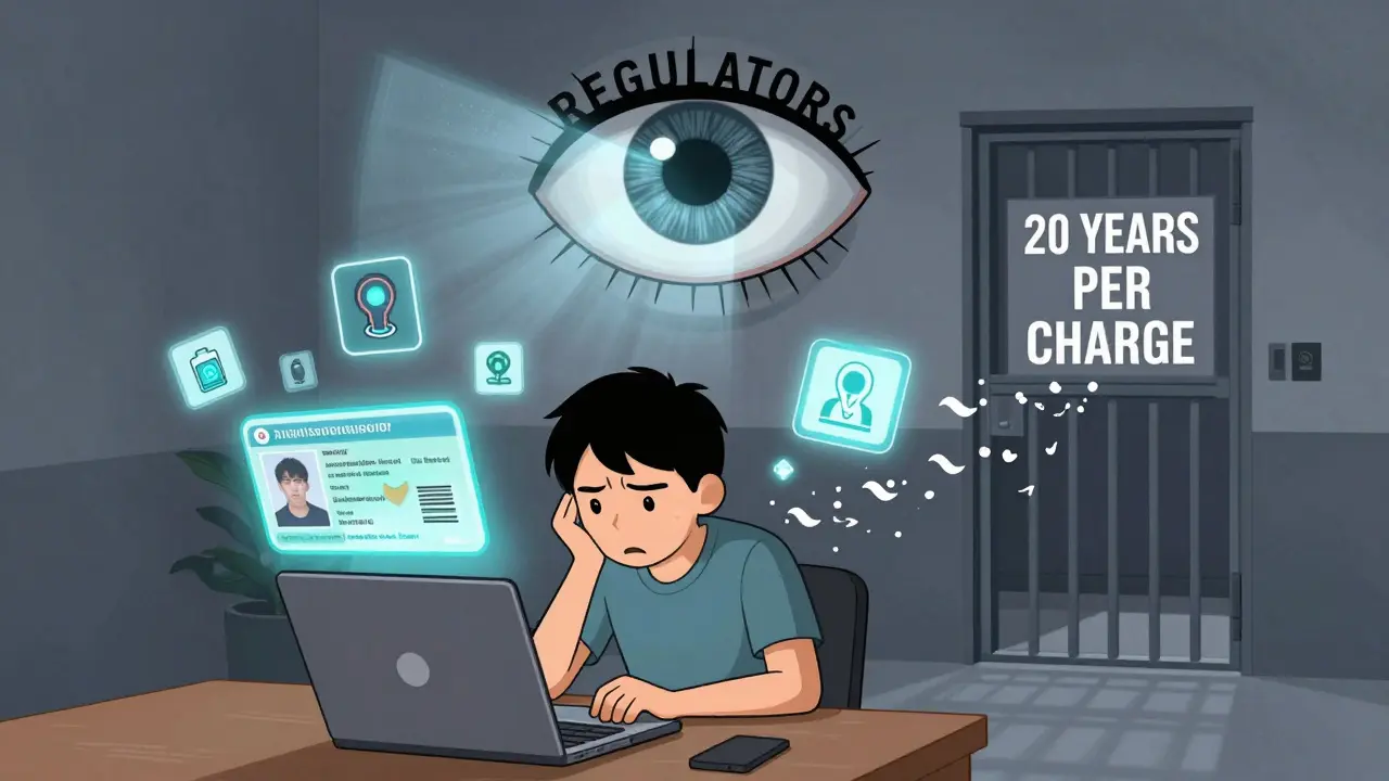 A person uploading a fake ID while surveillance icons track their digital footprint leading to a prison door.