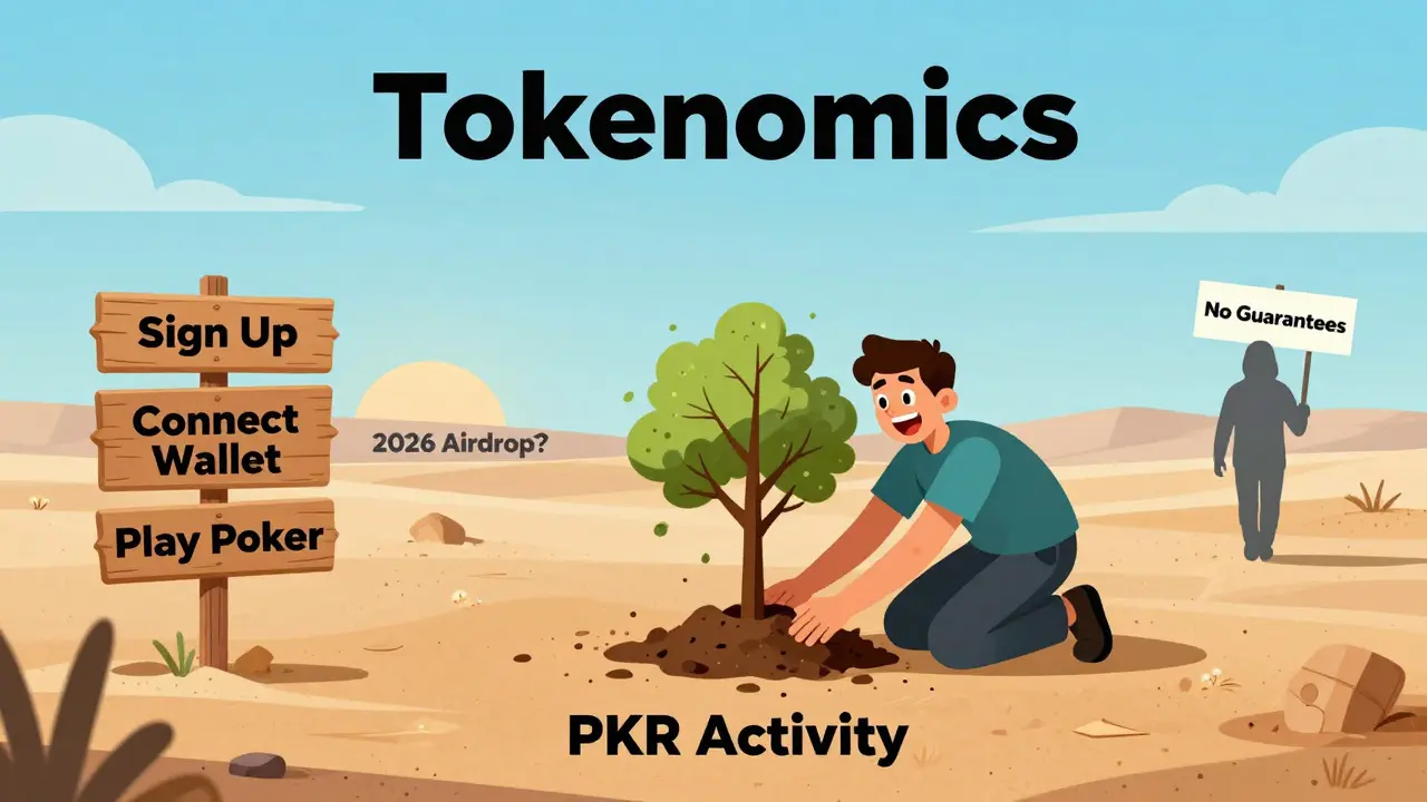 A player planting a tree labeled 'PKR Activity' in a barren desert, with signs for signup and play, distant sunrise hints at future airdrop.