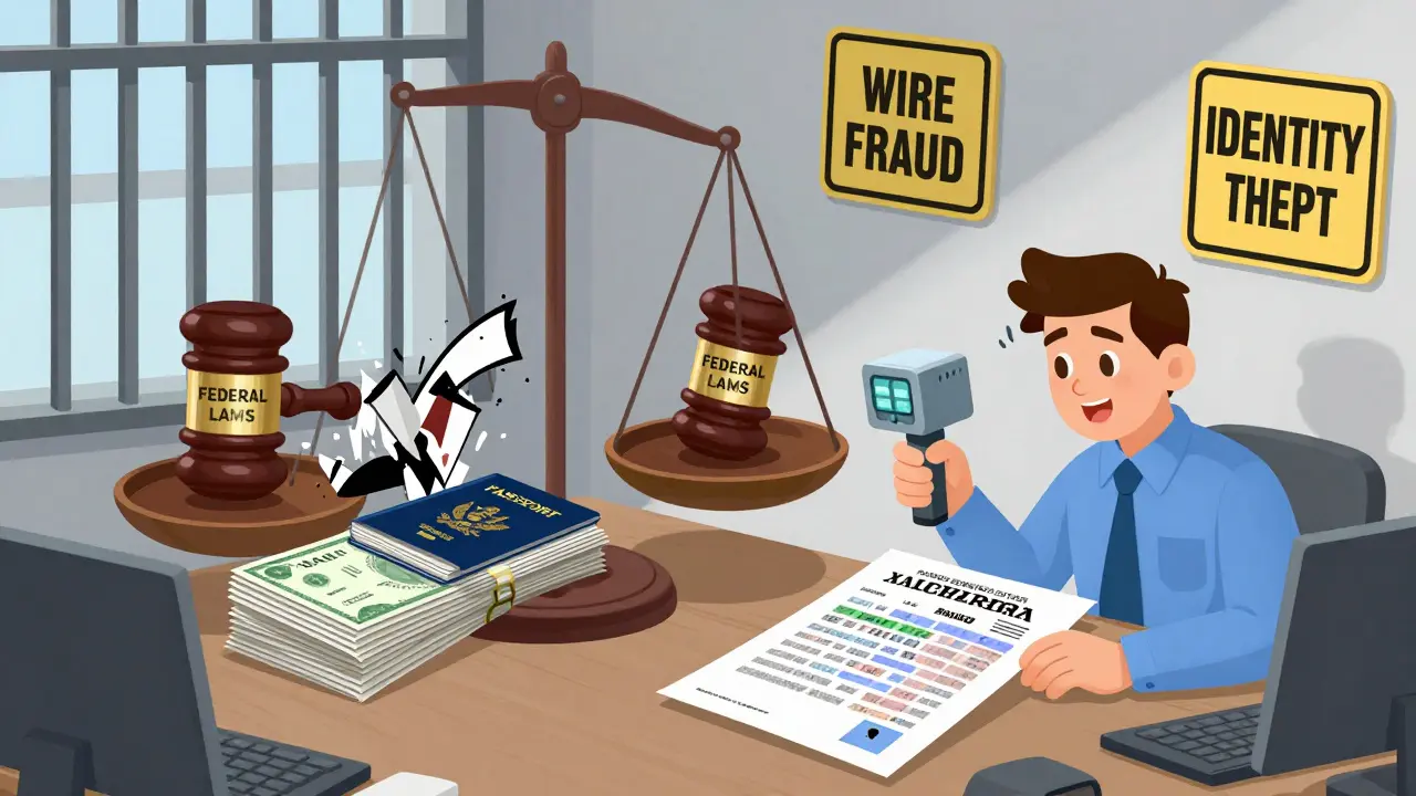 A scale weighing fake documents against a federal gavel, with prison bars rising as fraud charges float around.