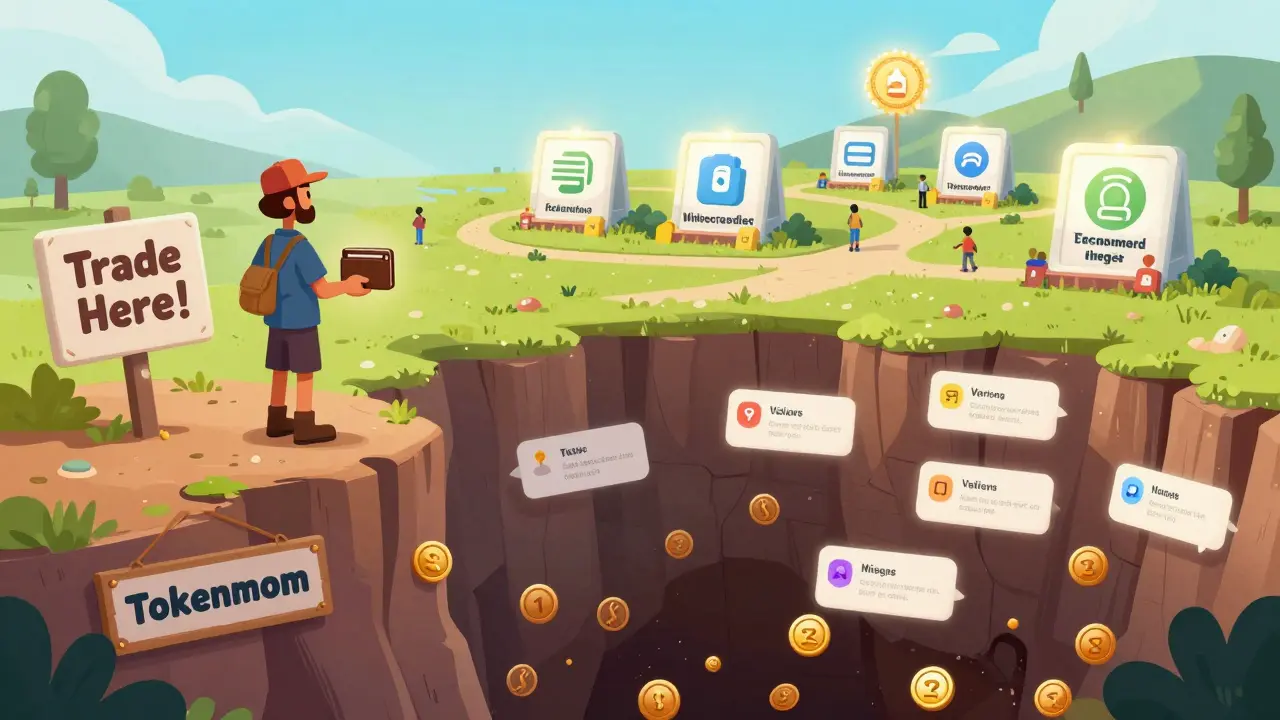 A trader at a cliff labeled Tokenmom, staring into a pit of lost tokens, while safe exchanges glow in the distance.