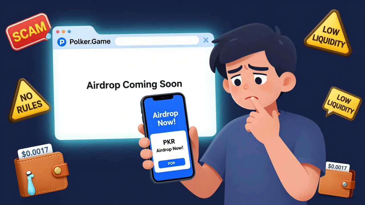 A user confused by a fake PKR airdrop popup while an official website shows no details, with warning signs nearby.