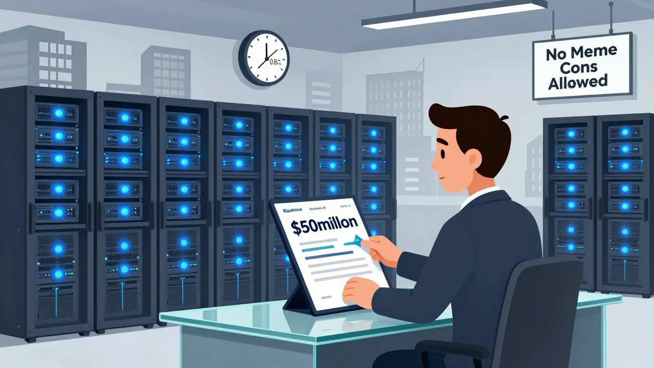 An institutional trader executes a large crypto order in Equinix LD4 data center, with low latency displayed and no meme coins allowed.