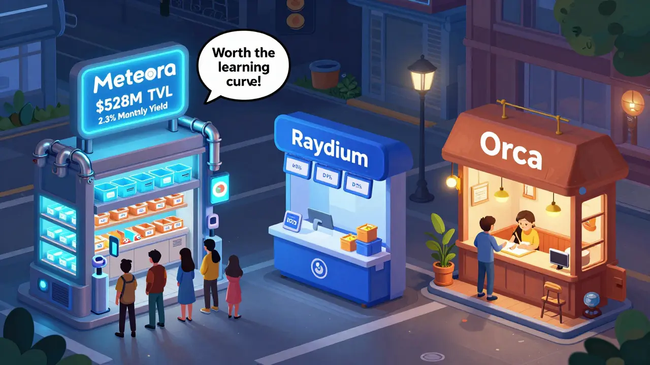 Cartoon comparison of three DEXs as shops: Meteora as a high-tech store with glowing bins and yield pipes, beating Raydium and Orca in customer traffic.