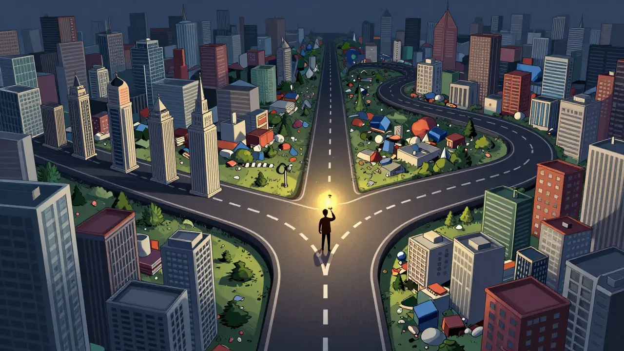Cartoon crossroads showing simple path versus busy city.