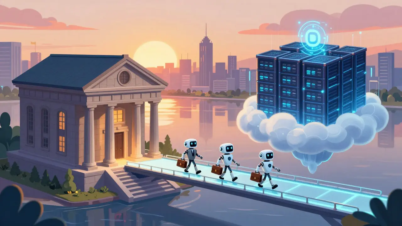 Cartoon of bank connecting to crypto cloud via bridge with institutional investors crossing.