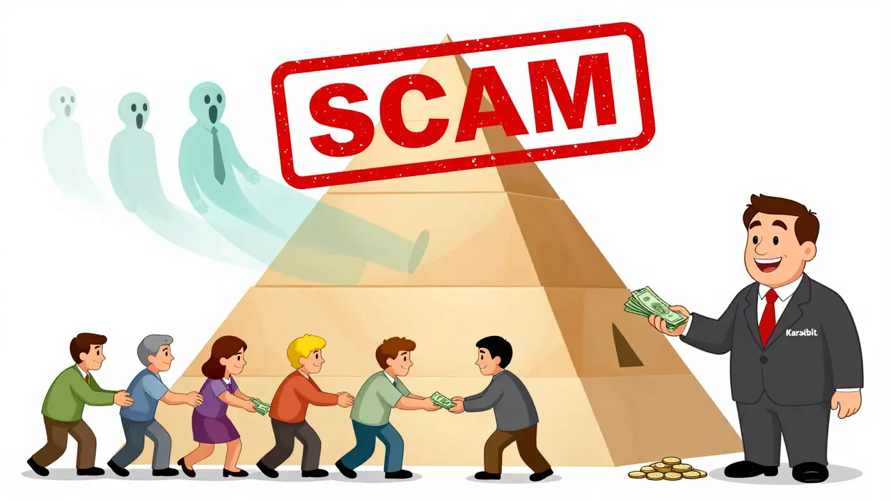 Cartoon pyramid scheme where users must recruit others to withdraw funds.