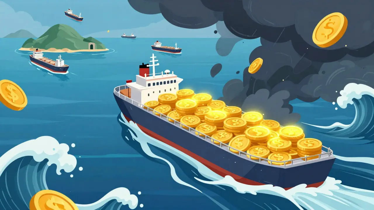 Cartoon ship carrying coins seeking safe harbor from storm.
