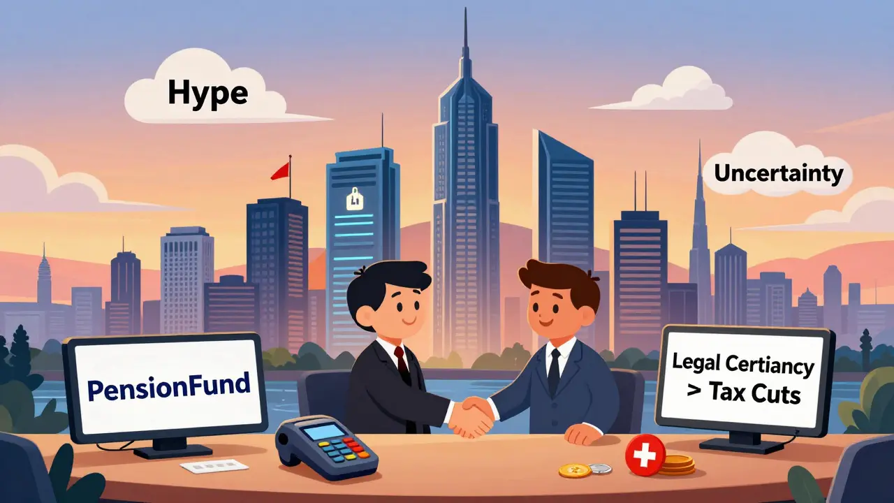 Cartoon skyline of Zug with blockchain towers and a handshake over crypto payment, contrasting with fading cities labeled 'Hype' and 'Uncertainty'.