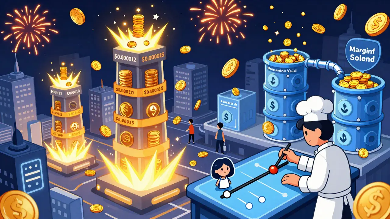 Cartoon-style digital city with bin towers earning fees and Dynamic Vaults routing funds to lending protocols, coins raining as dual-yield fireworks.