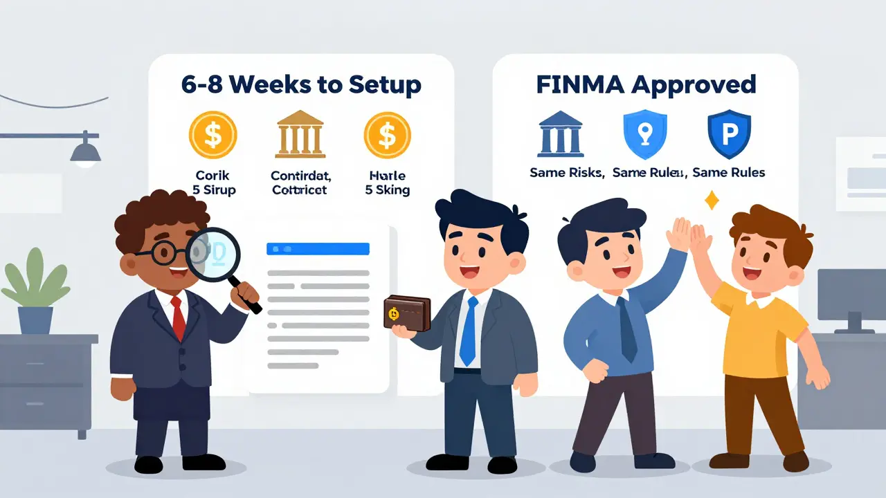 Cartoon team in Crypto Valley office reviewing smart contracts with FINMA approval icons on the wall.