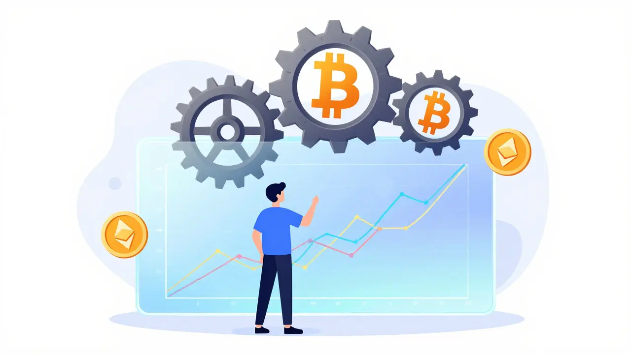 Cartoon trader using holographic screen with coin icons.