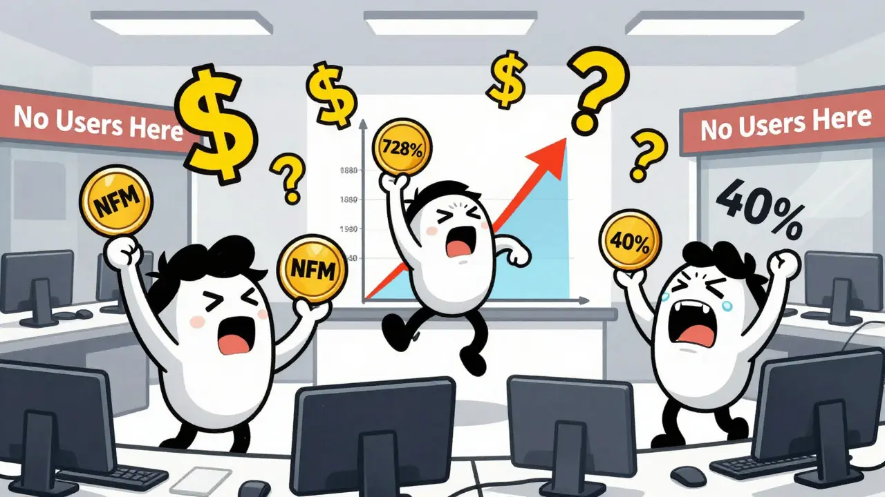 Cartoon traders celebrating and crying over wild NFM token price swings.