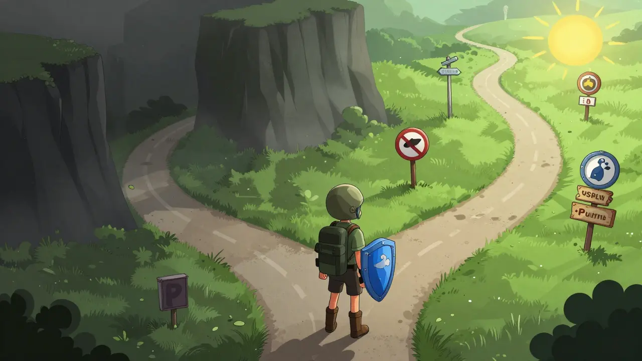 Character choosing a safe sunny path over a dark foggy risky road