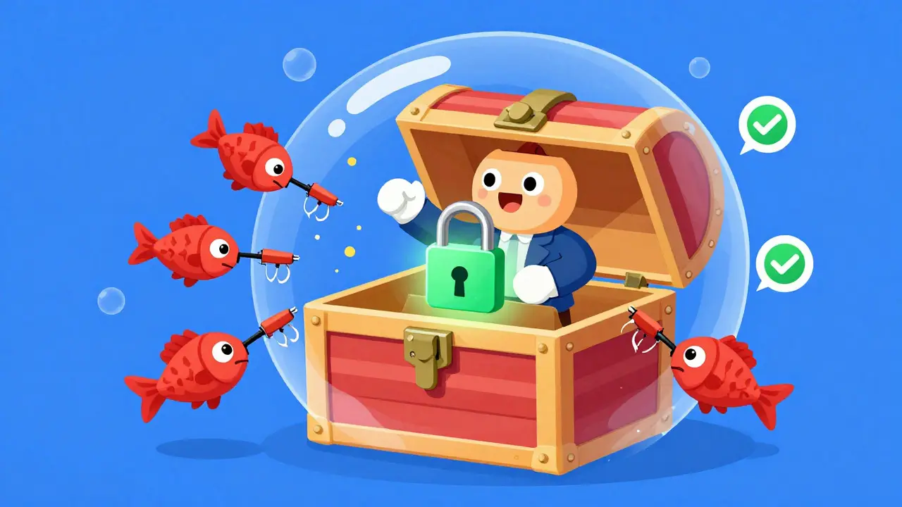 Character shielding a secure wallet from phishing threats.