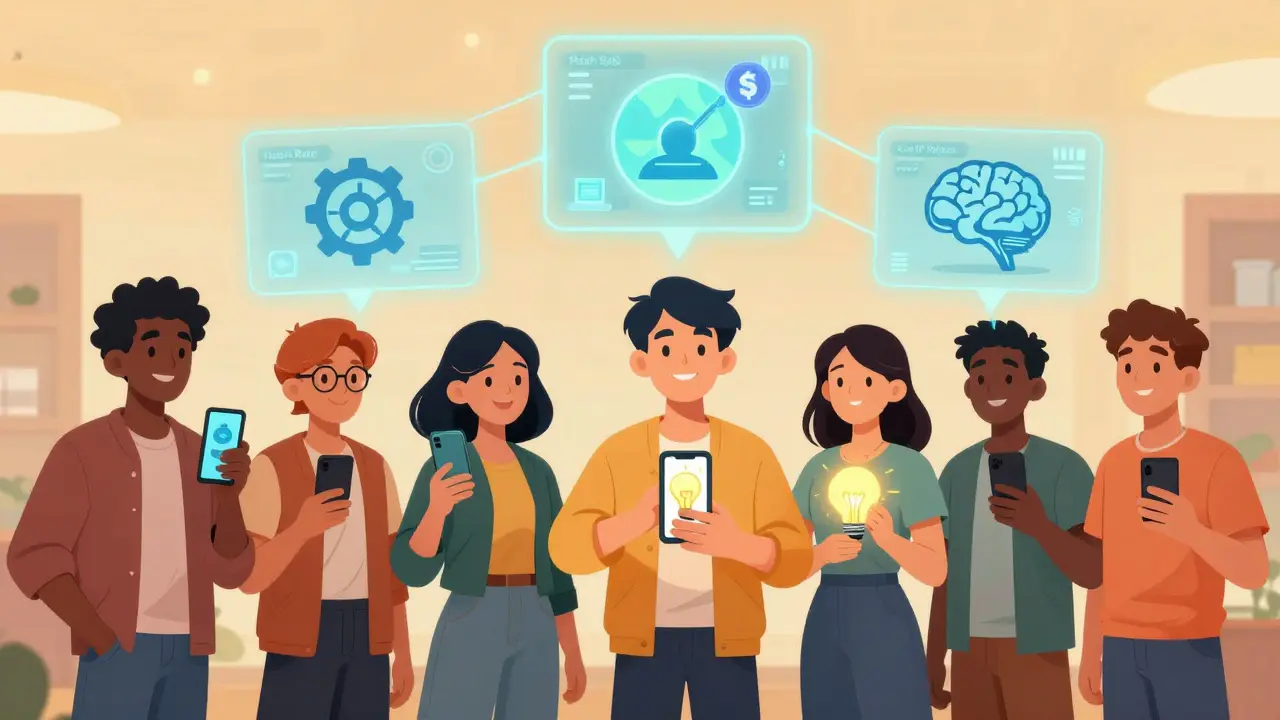 Diverse people hold smartphones showing unique NFTs, while holograms of hash rate and IP rights float above them.