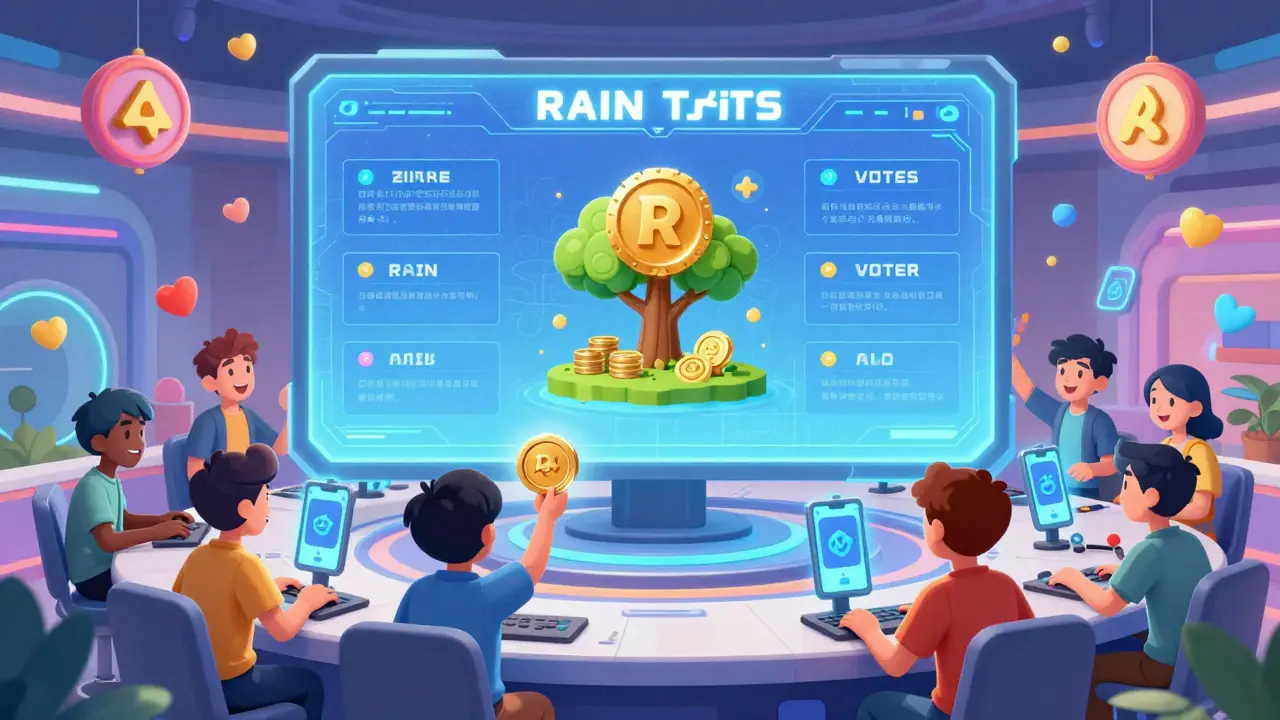 Gamers vote on RAIN token governance in a futuristic hub with glowing rewards.