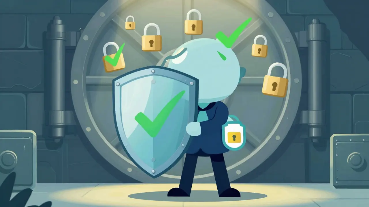 Hero holding shield with padlock icons for security