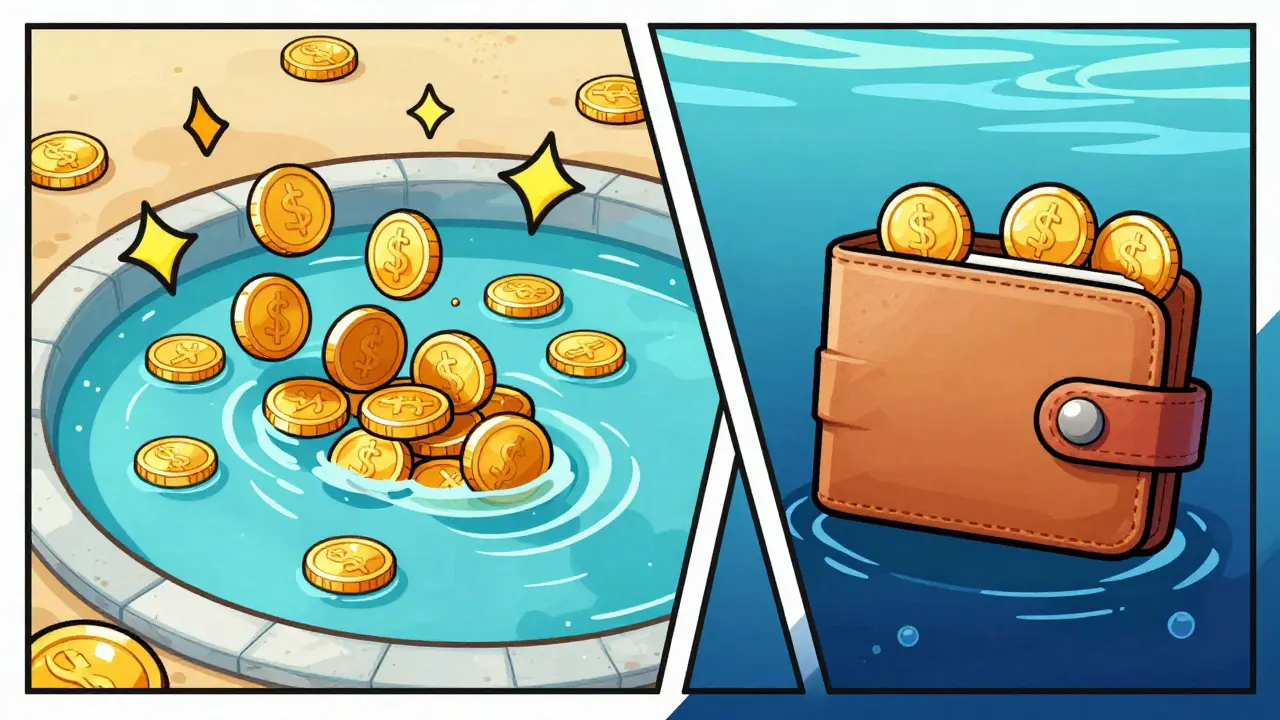 Illustration of shallow coin pool causing a trading scale to tilt wildly