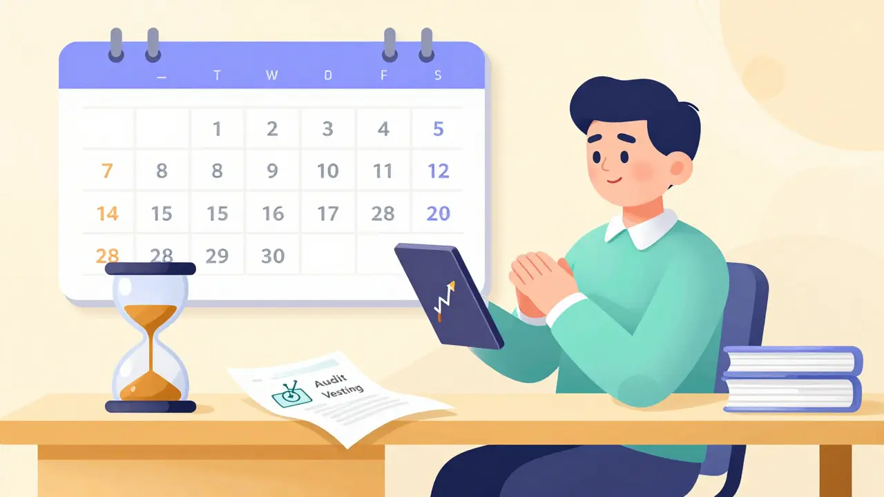 Patient investor reviewing schedule on a colorful calendar.