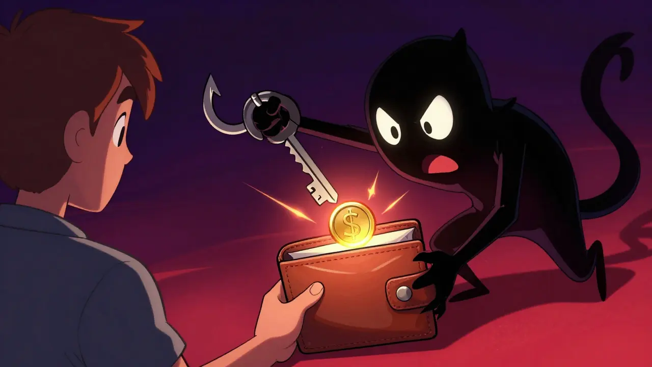 Shadow figure trying to steal coin from cartoon wallet with hook