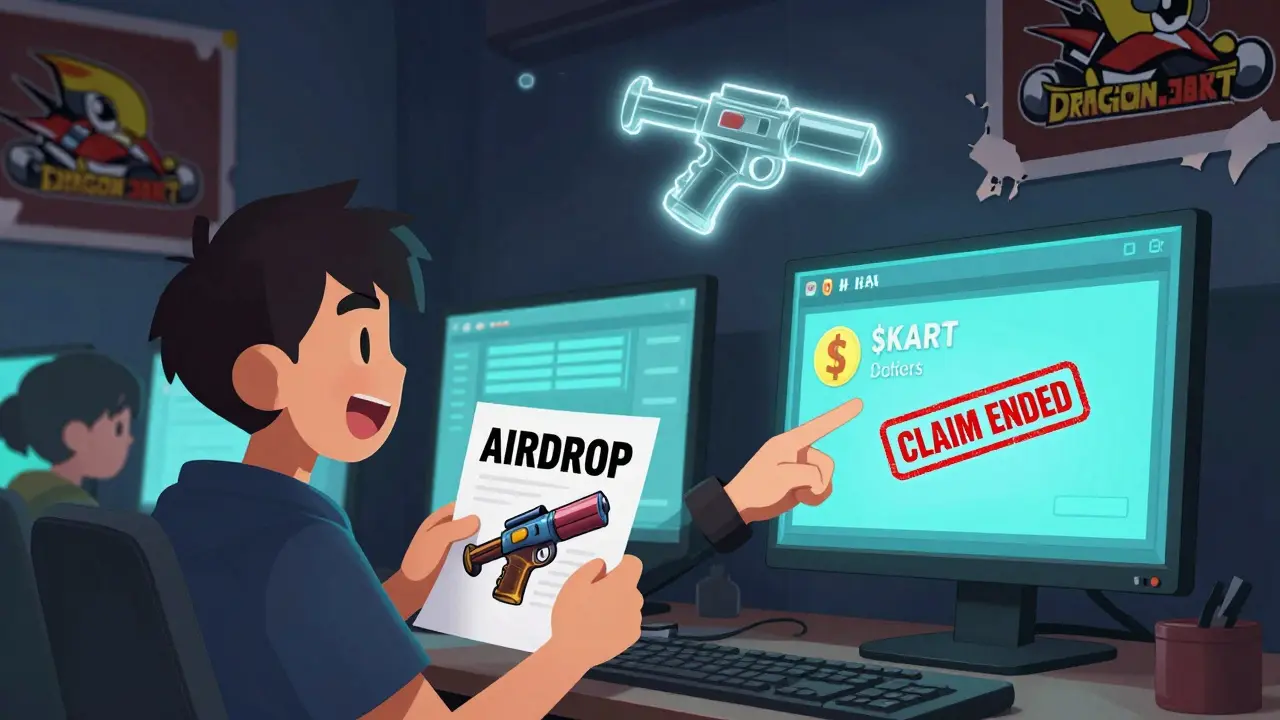 Two players reacting to an airdrop claim: one sees a weapon, the other sees only $KART tokens with a 'CLAIM ENDED' stamp.