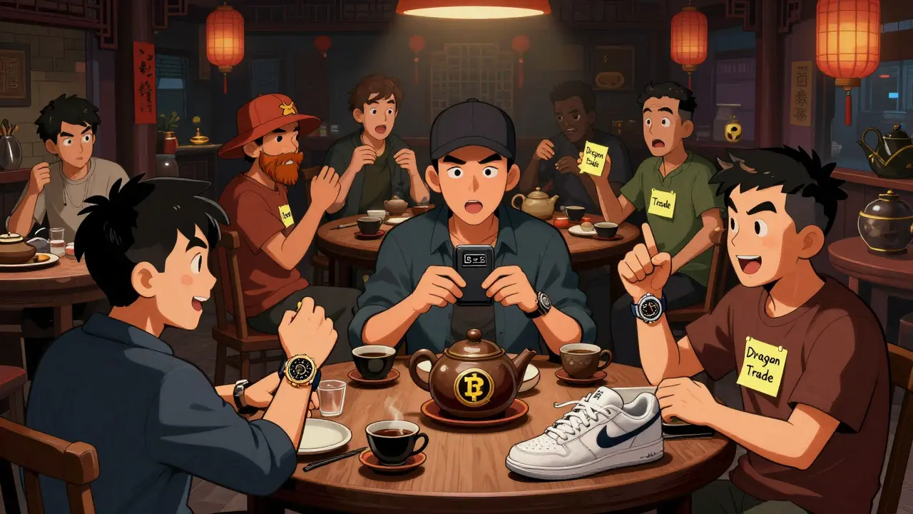 Underground crypto traders exchanging USDT for luxury items in a tea house using coded signals.