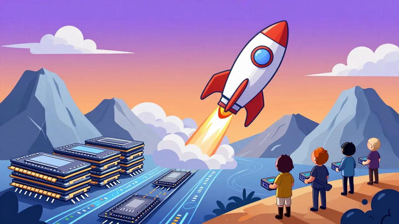 Whimsical cartoon landscape with graphic card mountains and a rocket.