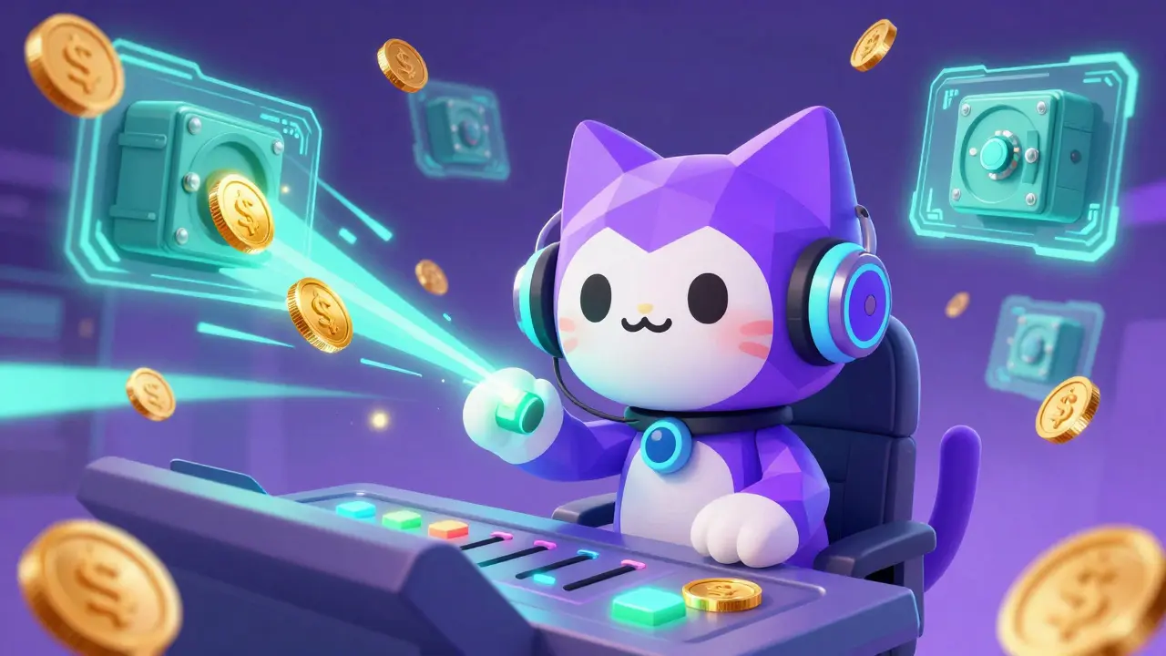 A cartoon cat operating a futuristic control panel to automate crypto yields.