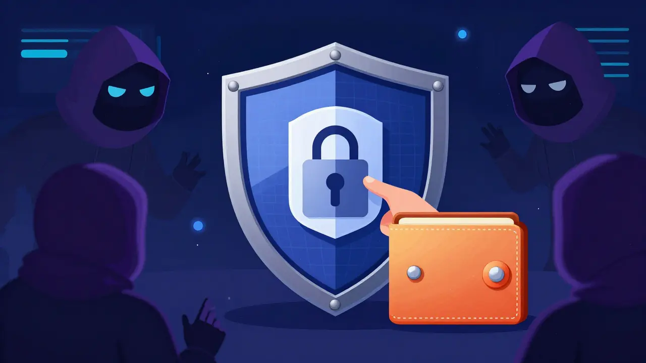 A digital shield protecting a crypto wallet from cartoon bots and scammers