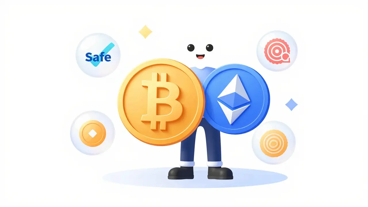 A person holding Bitcoin and Ethereum coins next to a clean trading interface.