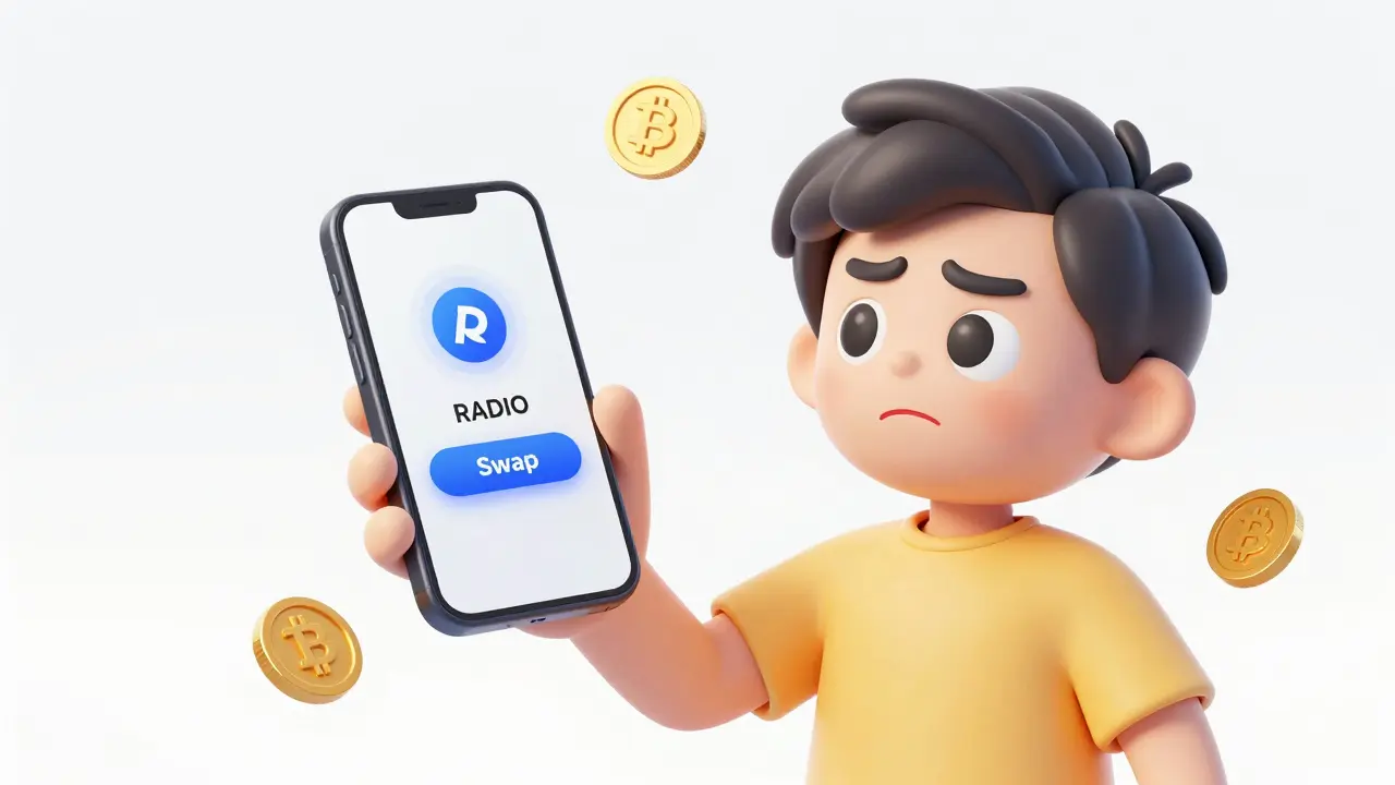 A person using a simple crypto exchange app with floating gold coins in cartoon style.