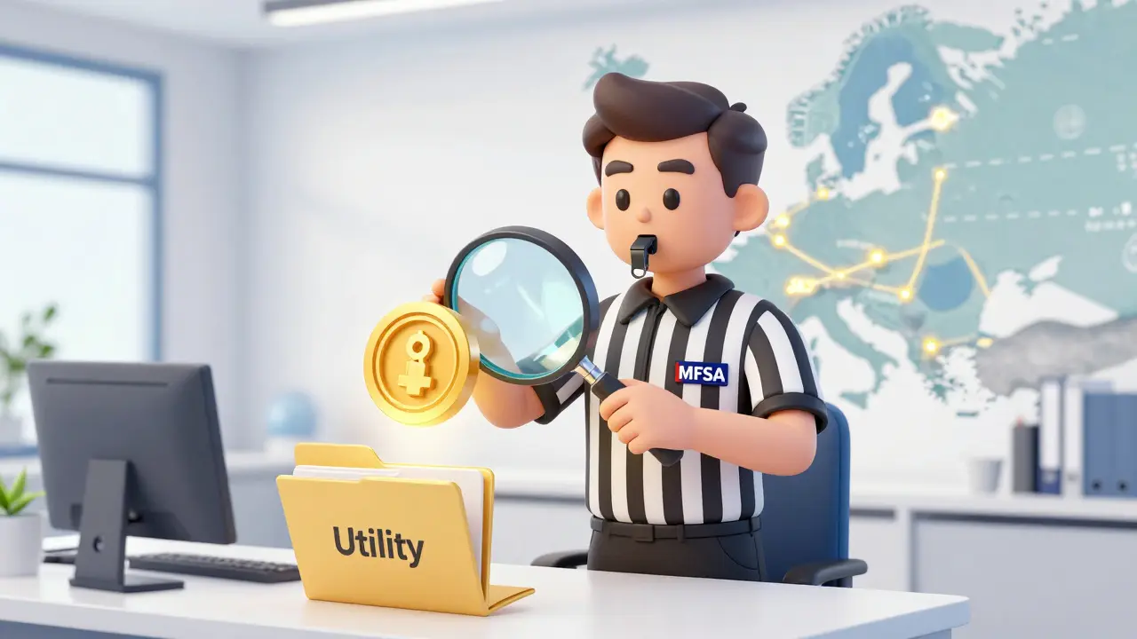A referee character analyzing a crypto token to determine its legal classification.