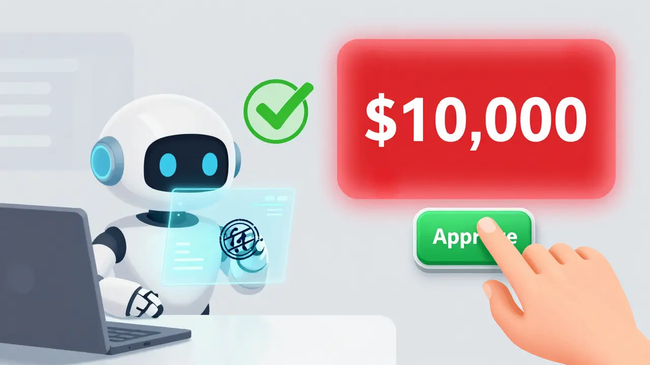 A robot automating small transactions while a human approves a large one in cartoon style.