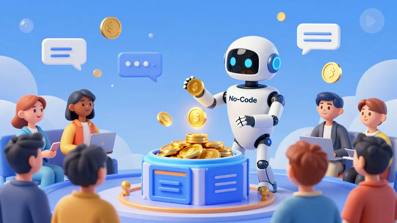 A robot distributing gold tokens to a social community via a no-code launchpad.