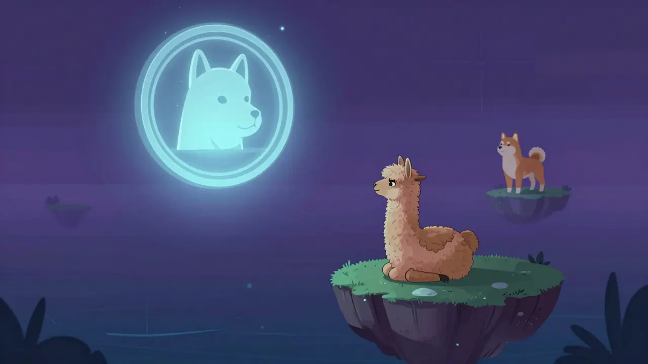 A small cartoon lama looking at holograms of famous meme coins in a cyber-ocean.