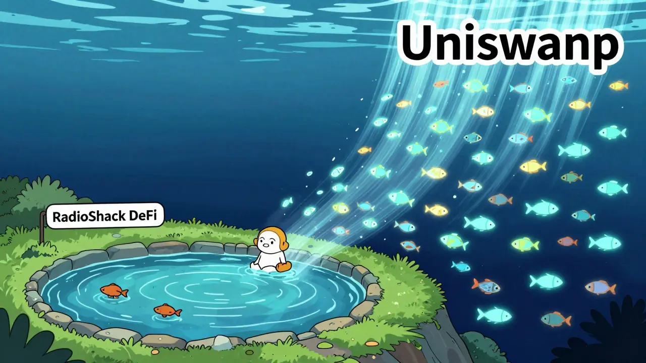 A small pond next to a vast ocean representing different crypto exchange liquidity levels.