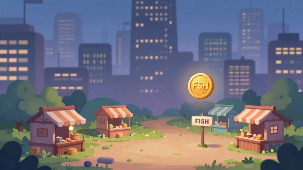 A small, quiet cartoon digital village with a floating fish token icon.
